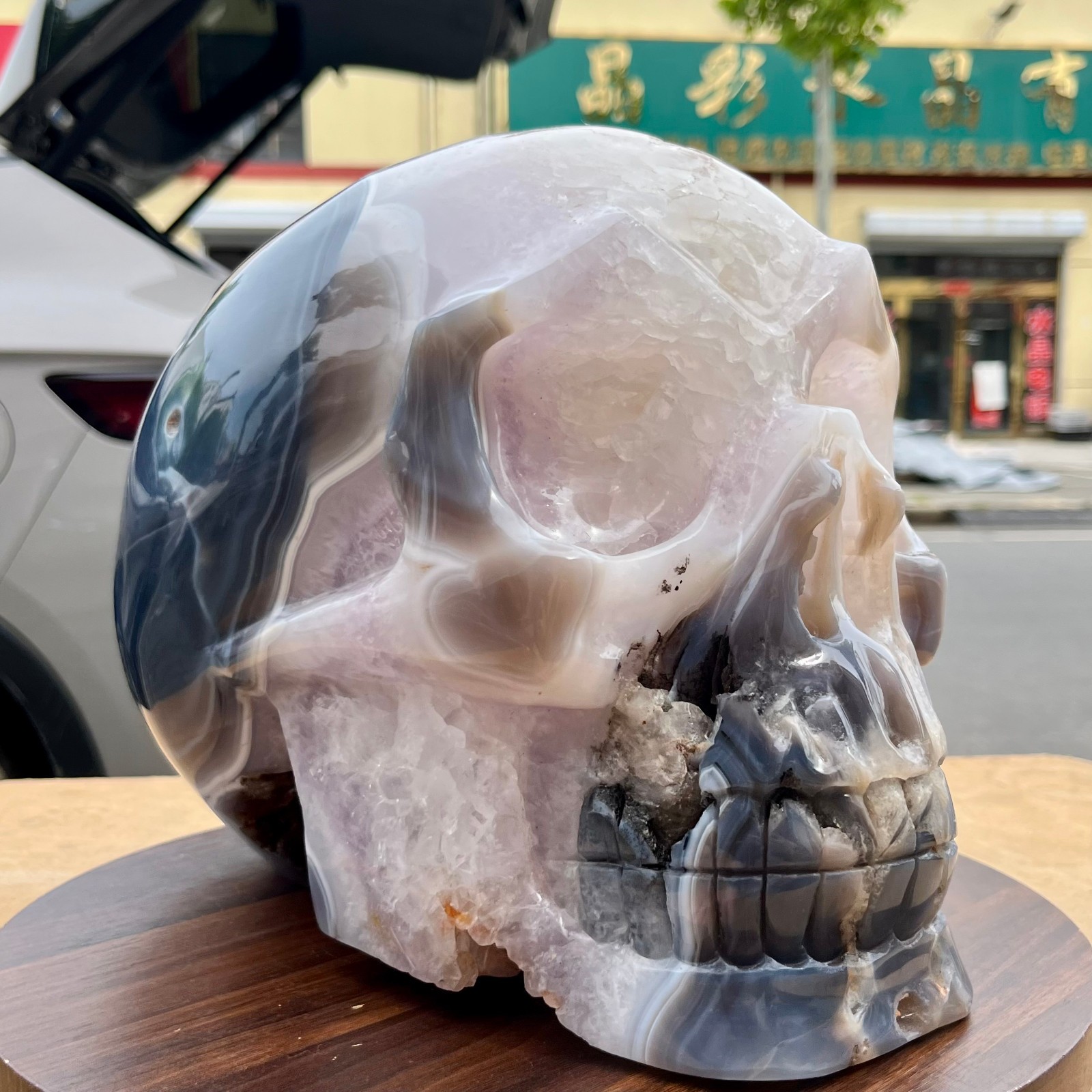 Polished Agate Crystal Skull Carving Natural Stone Head Sculpture Gothic 31.9 lb