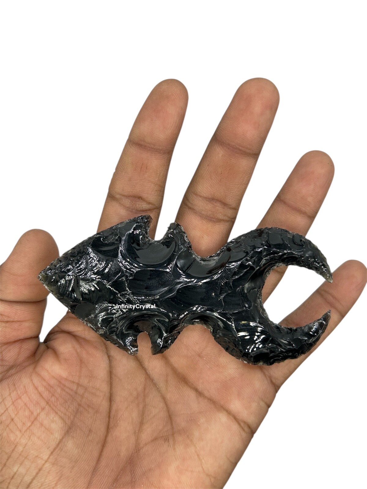 Unique Black Obsidian Moon Shape Arrowhead Crescent Carved Crystal,4″ Inches.