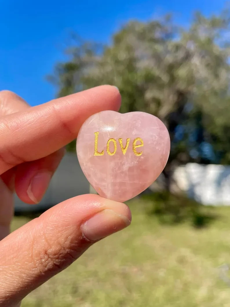 5Pcs Rose Quartz Heart Pocket Stones Engraved Love Crystal Healing Gift Set