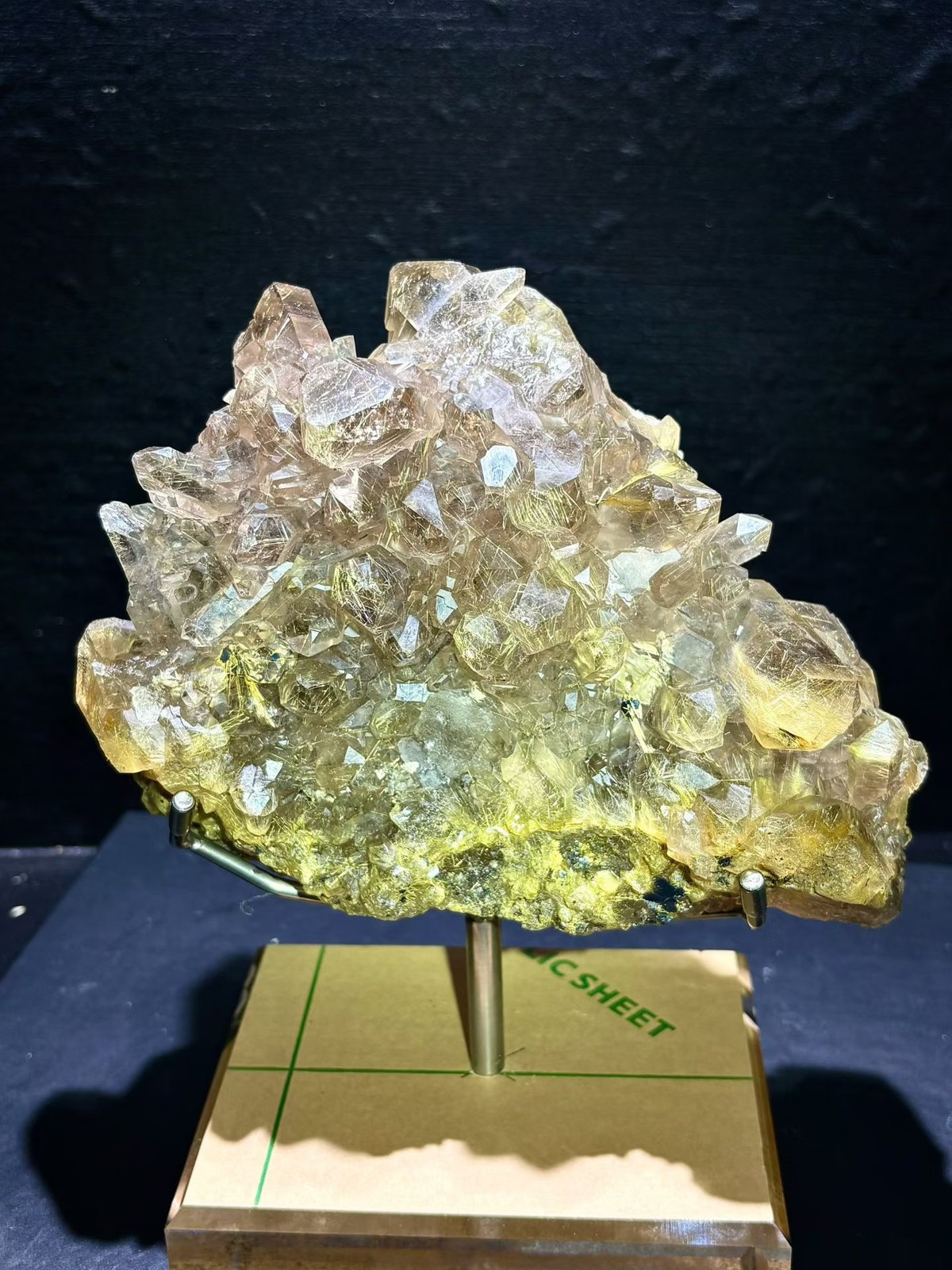 4.88LB Top！Natural Gold Rutilated Crystal Cluster Quartz Mineral Specimen+stand