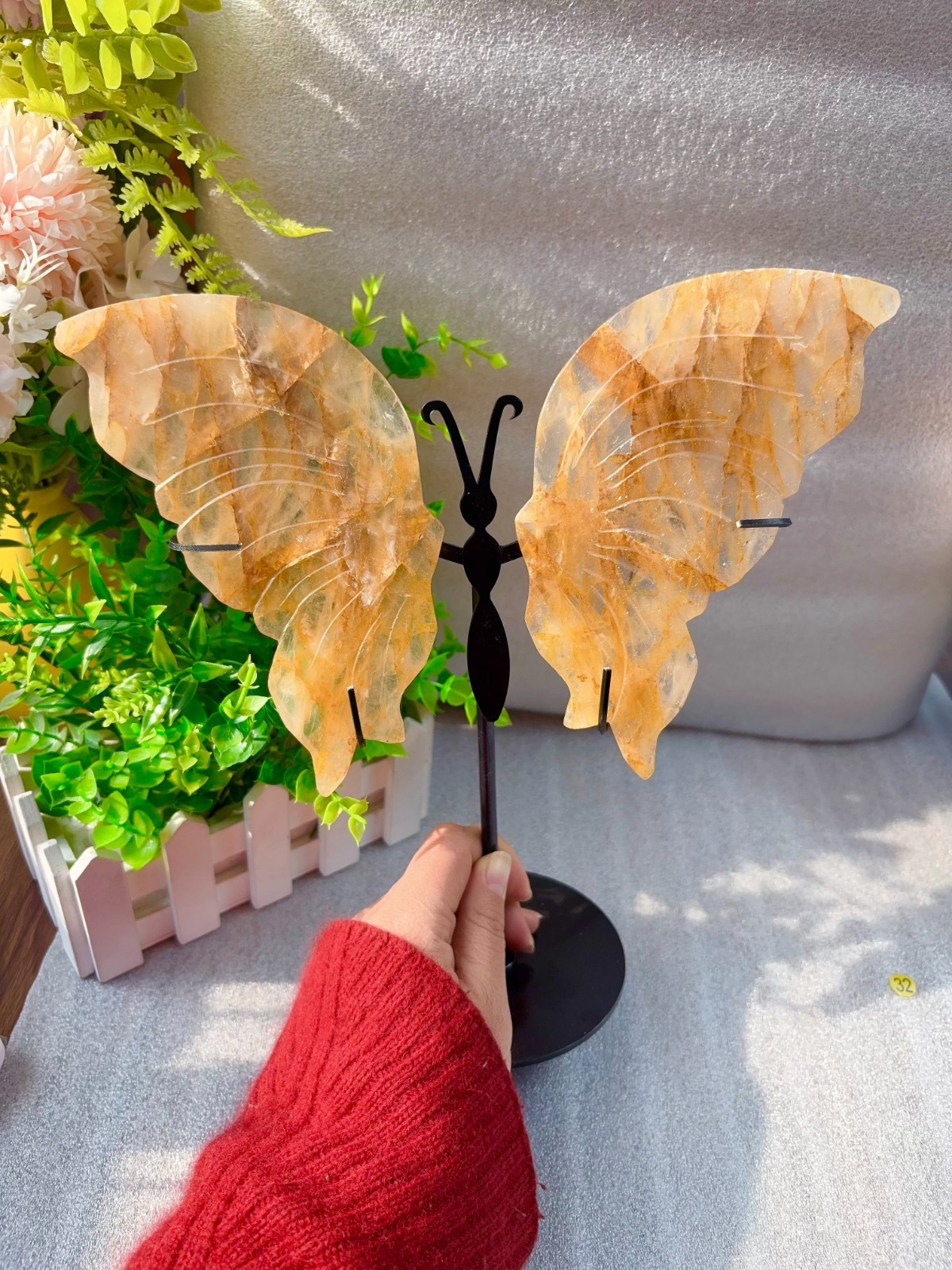 9‘’ Natural Golden healer butterfly wings with stand Carved crystal wing 1pcs