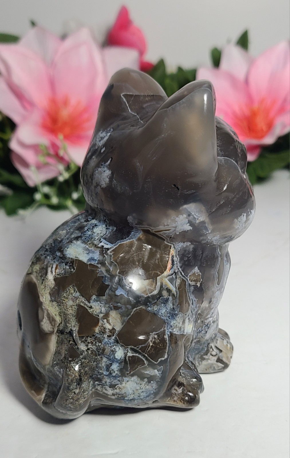 Large 4″ 554g UV Reactive Volcano Agate Cat Kitten Stone Crystal Carving Statue