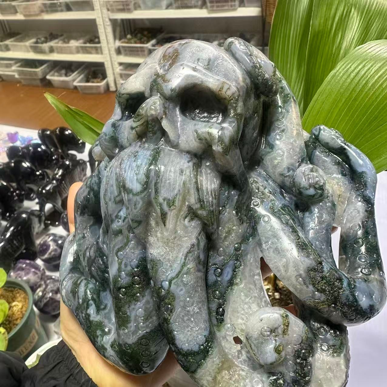 4.33LB Natural Moss Agate Quartz Carved Octopus Skull Crystal Healing Decor