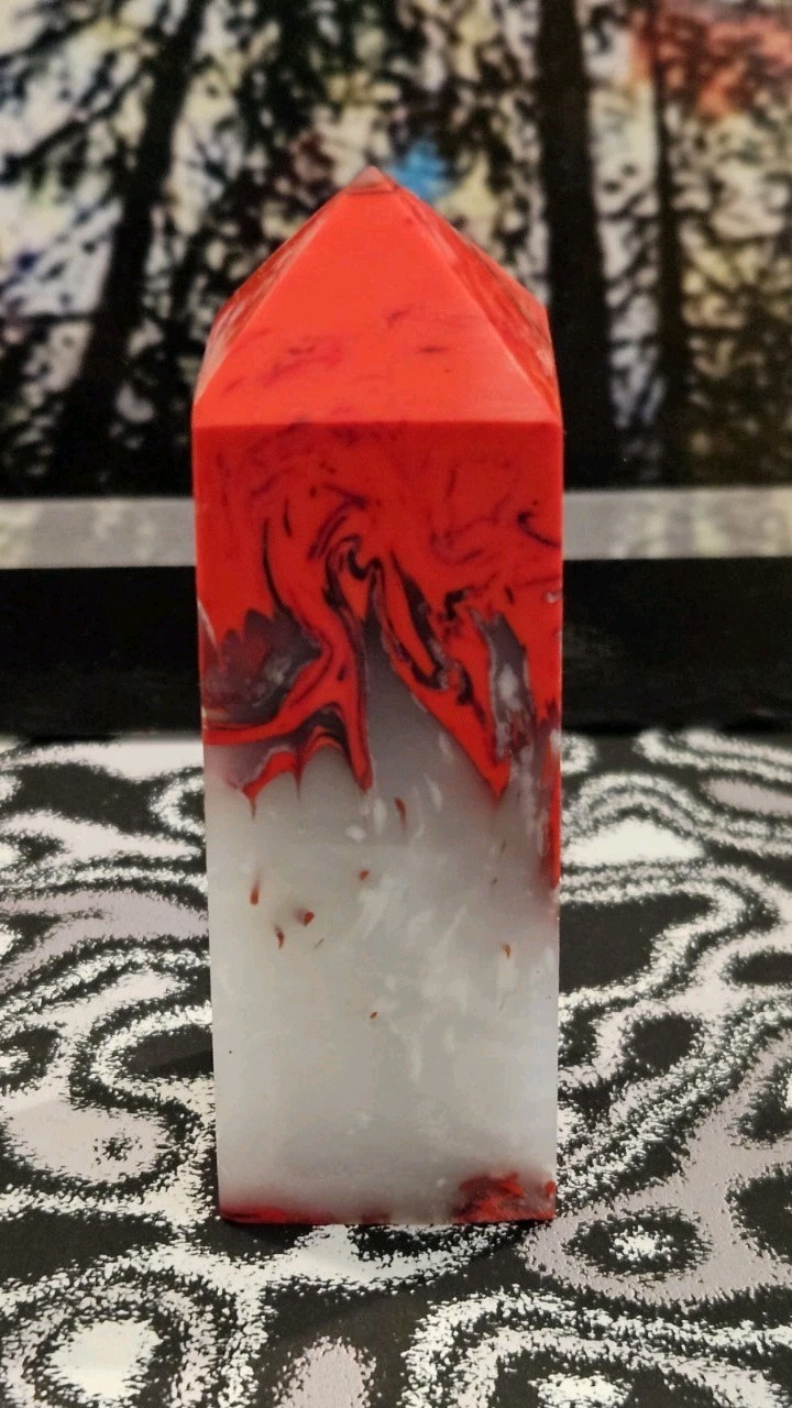 Man Made Chicken Blood Stone Display Tower 4″/46mm Sphere w/ holder/2.4″ Flower