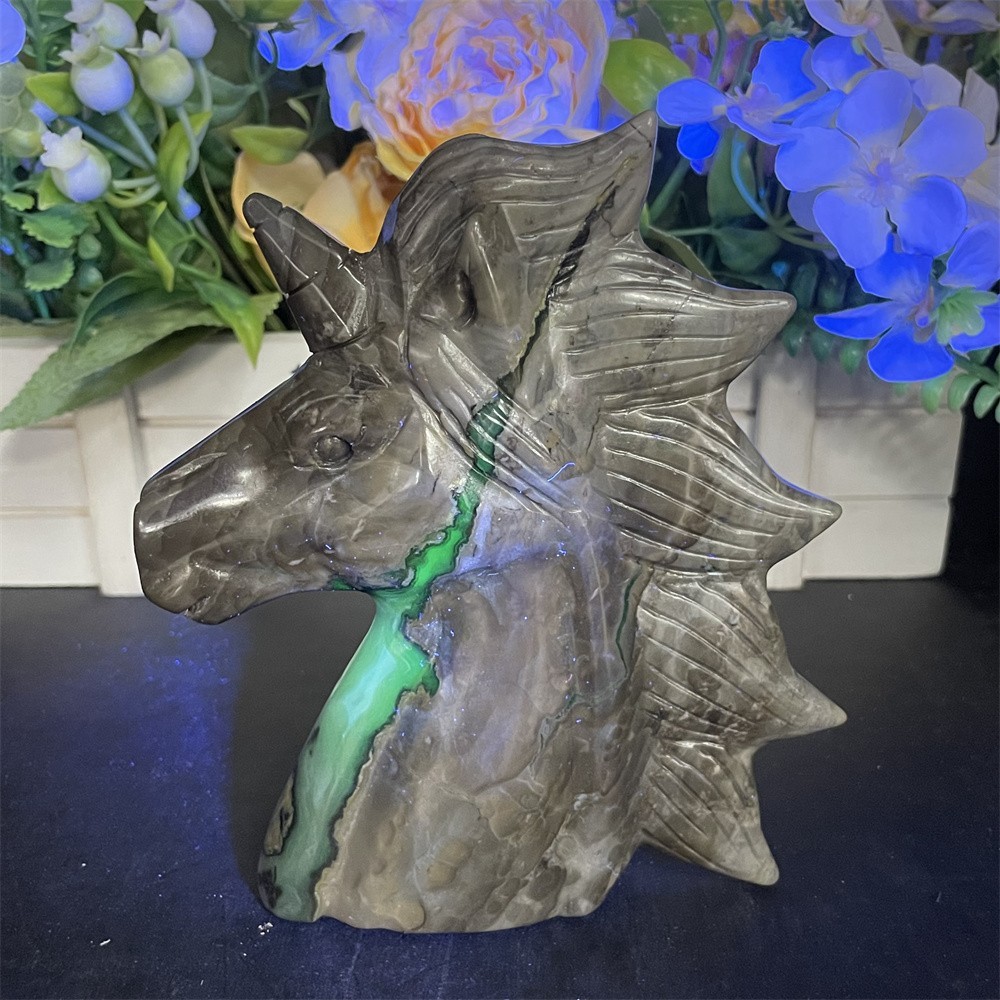 0.9LB 5.3″ Natural Fluorescent Agate Unicorn Crystal Quartz UV Reiki Carving