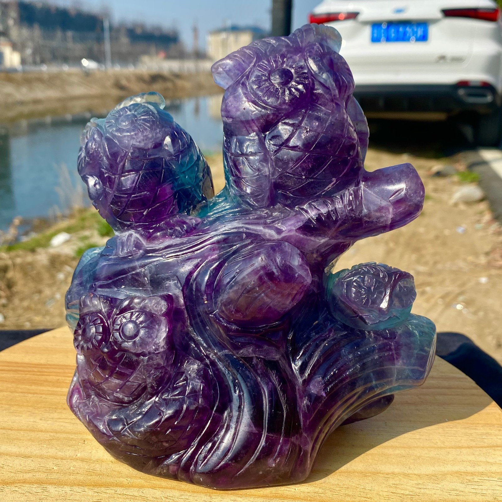 5.62LB Natural Fluorite Quartz Owl Sculpture Hand Carved Crystal Reiki Energy