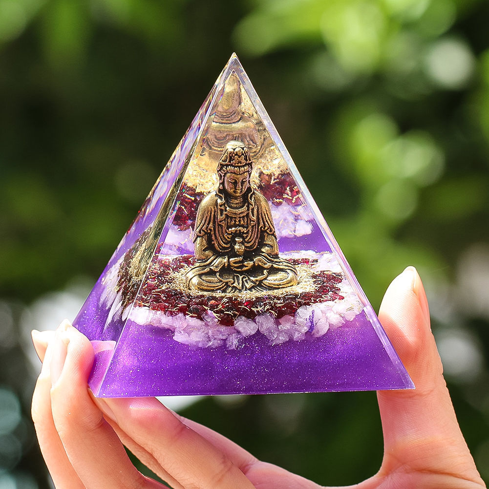 8cm Amethyst Pyramid Resin Statue Guanyin Copper Figurine Home Desk Ornament