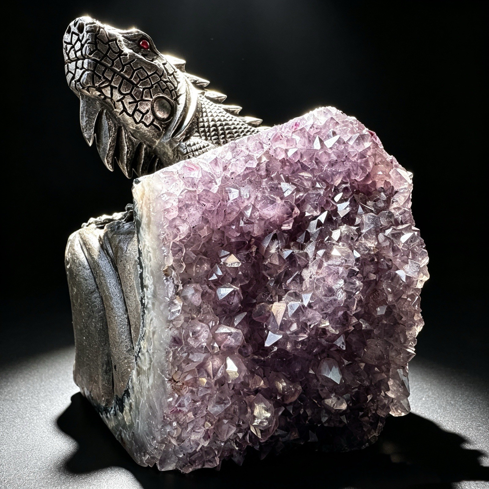 Hand Carved Amethyst Cluster Lizard Figurine Natural Crystal Reptile Sculpture