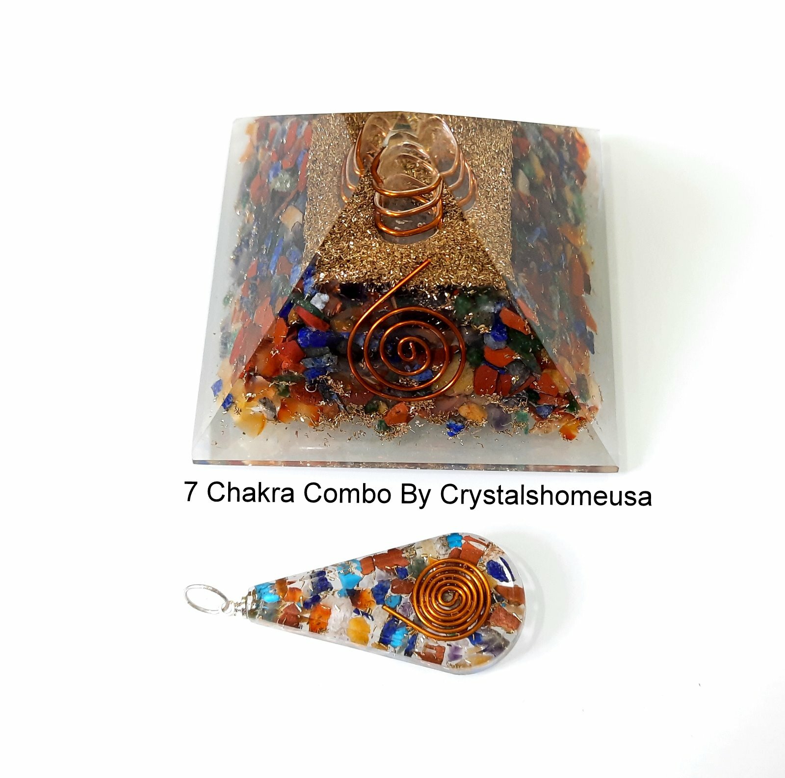 7 Chakra Combo of Healing Crystal Orgone Pyramid & Orgone Pendant Reiki Chakra