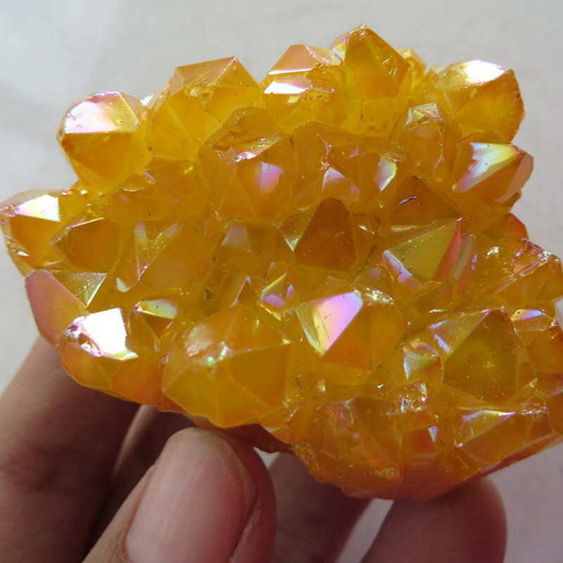 5Pcs Natural Angel Aura Yellow Titanium Gemstone Quartz Crystal Cluster Specimen