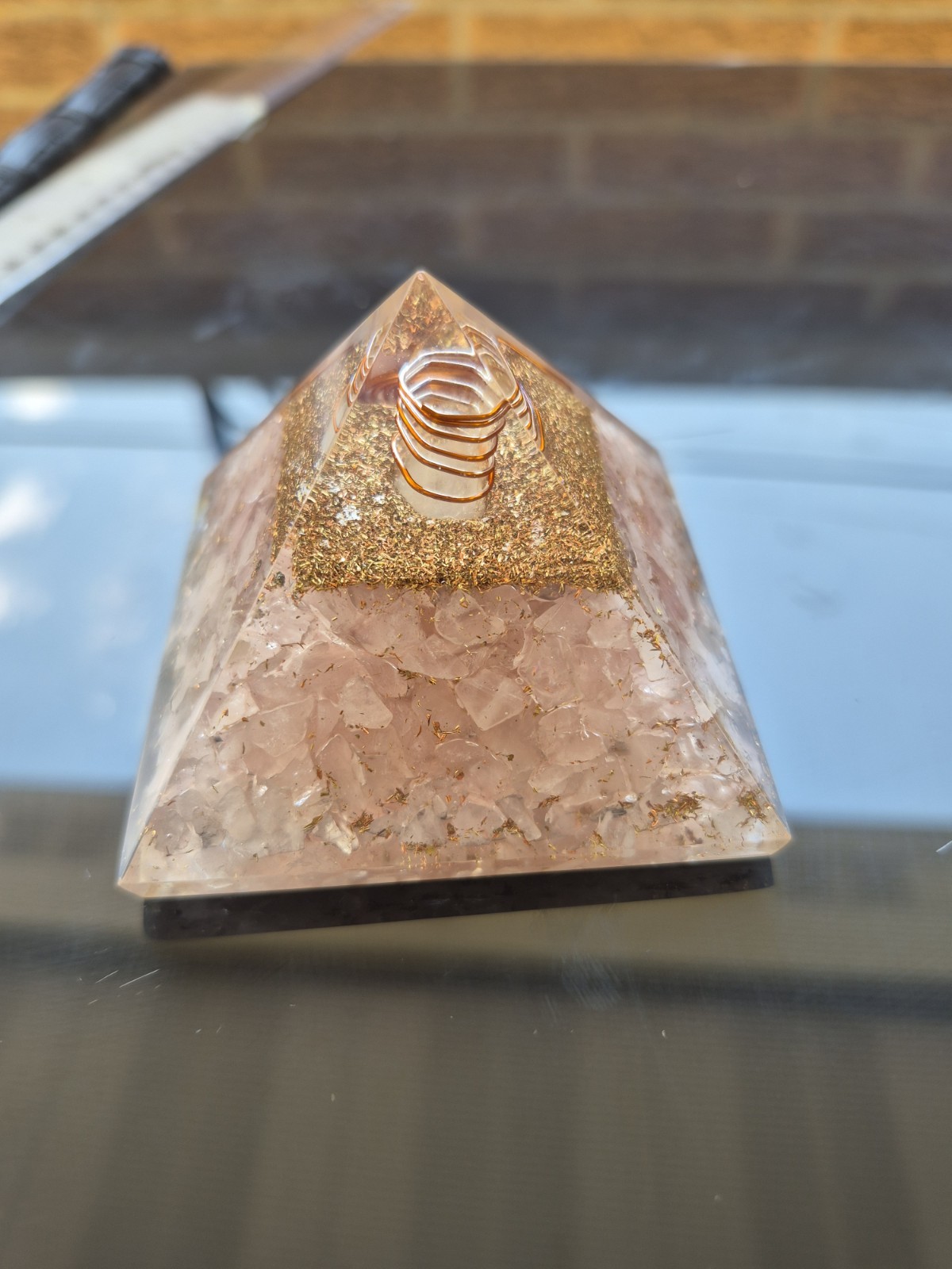 Handcrafted Rose Quartz Orgonite Pyramid w/ Copper Spiral Energy Generator Resin