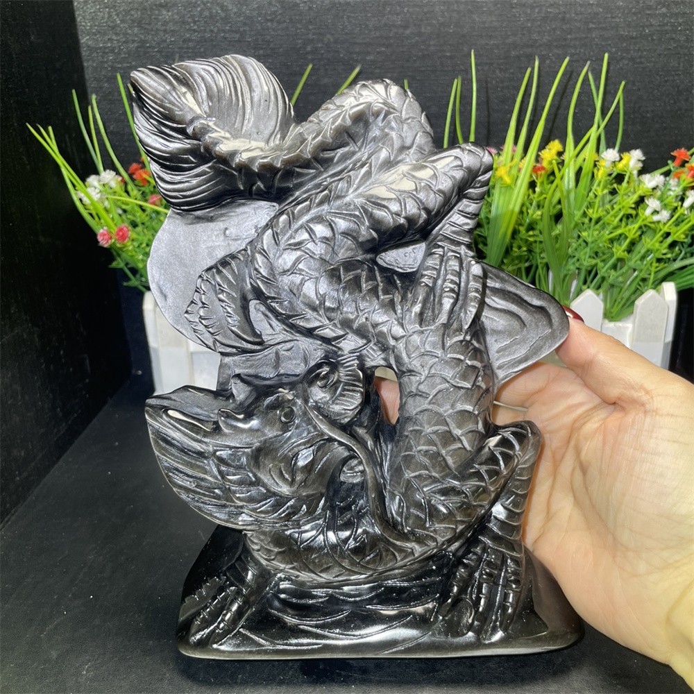 3LB 8″ Natural Silver Obsidian Dragon Carved Crystal Quartz Mineral Statue