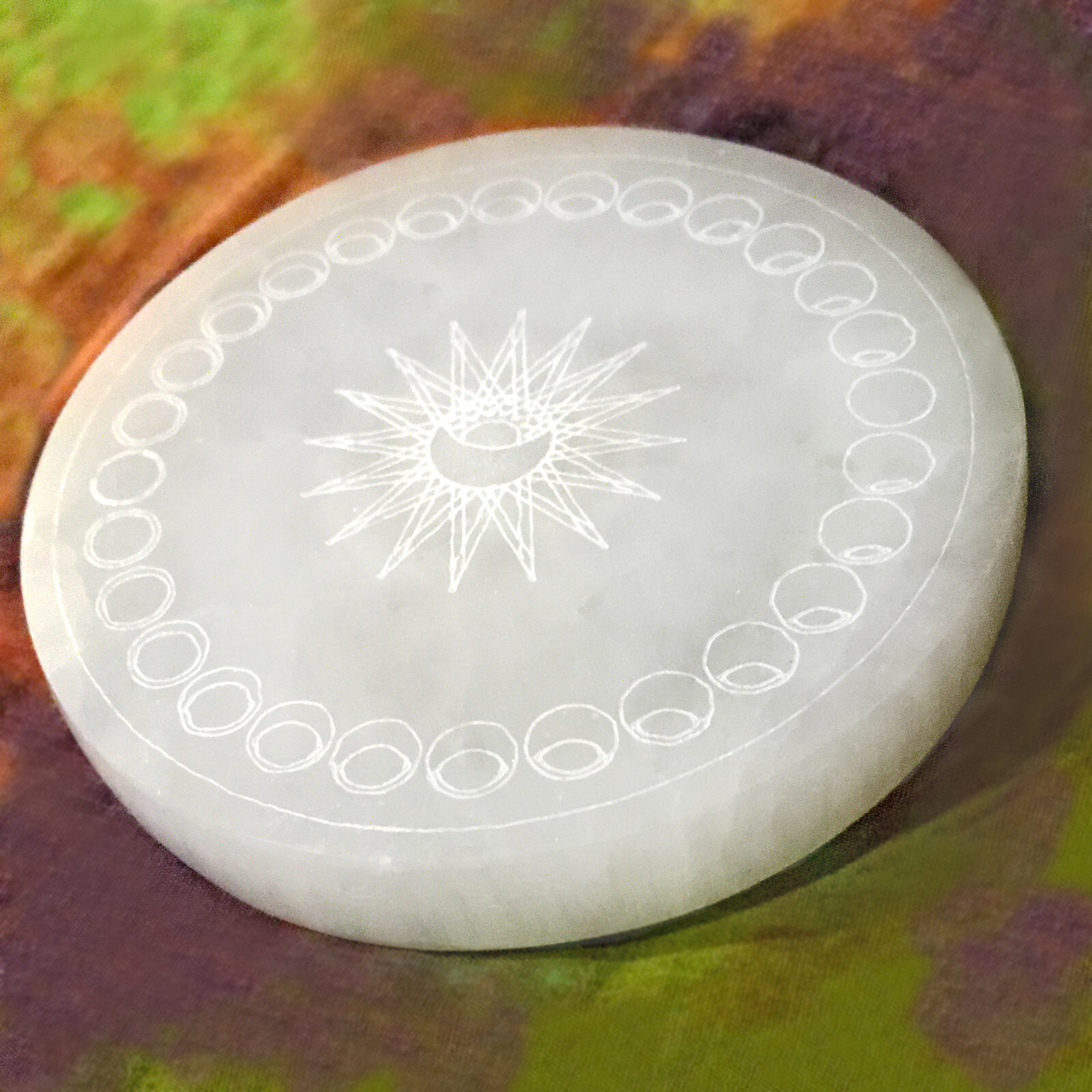 Selenite Crystal Charging Plate 4″ Moon Phases Engraved Circle Disc Reiki Energy