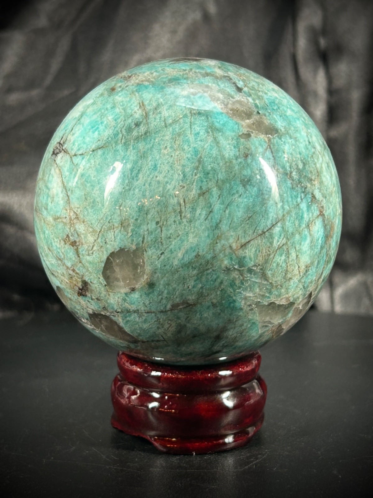 2.97″ Amazonite Sphere With Wood Stand 1lb 4.5oz (580 grams)