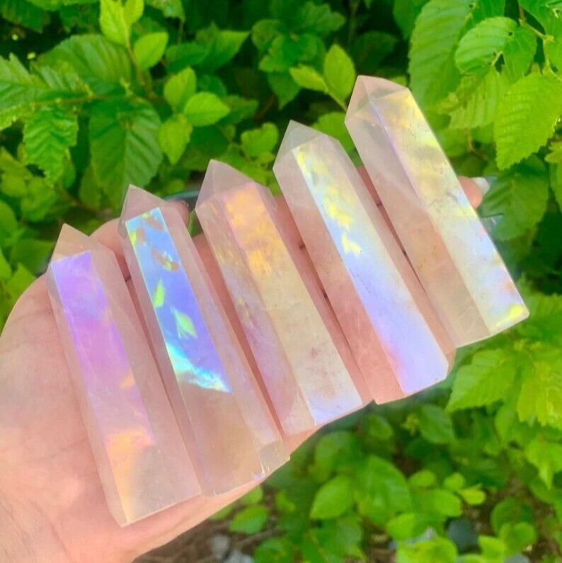 Angel Aura Rose Quartz Specimen Healing Crystal Wand Obelisk Tower Point Gifts