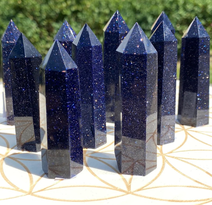 Natural Blue Goldstone Healing Crystal Wand Obelisk Reiki Tower Point Home Decor