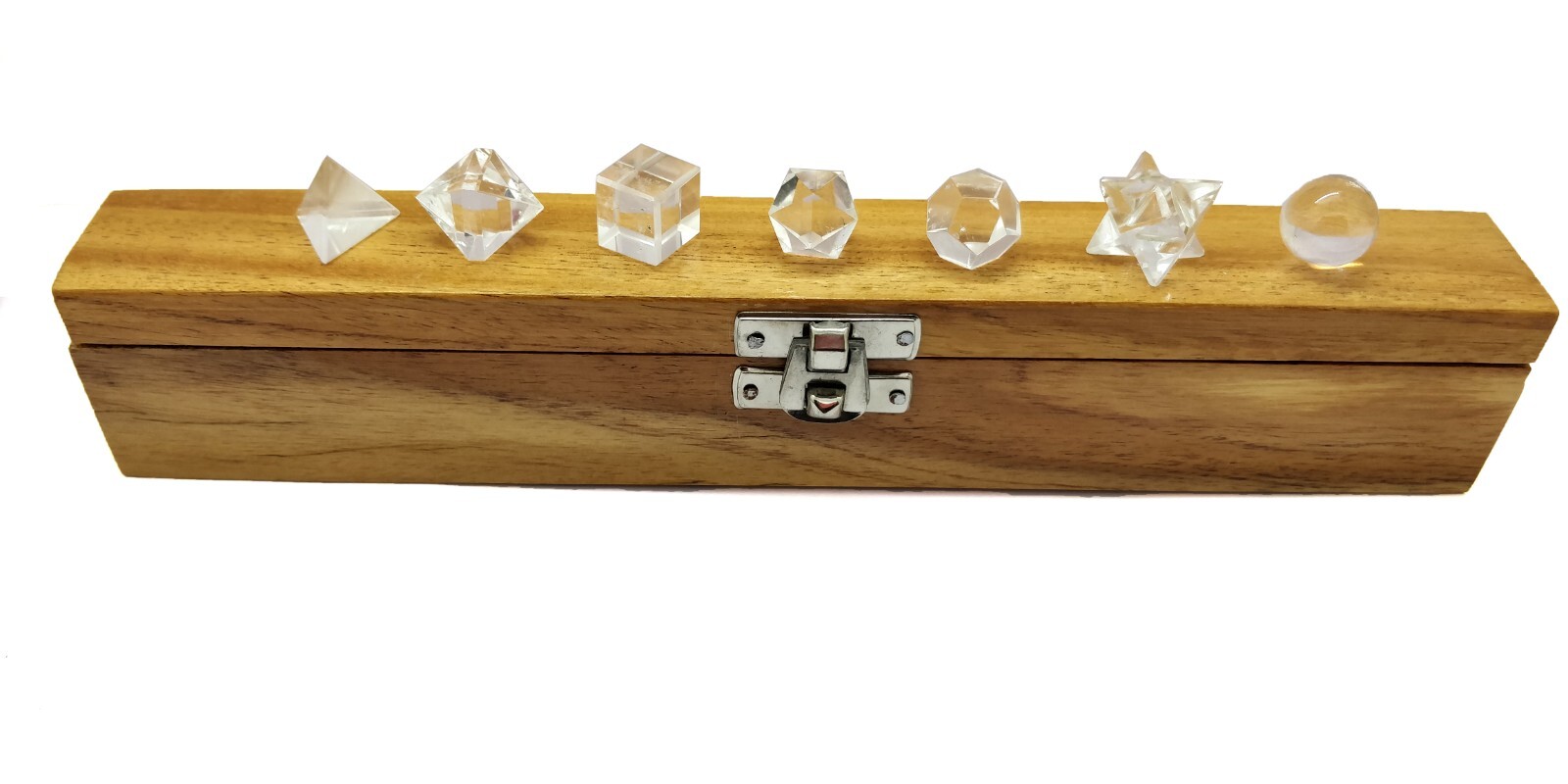 Crystal Quartz Geometry 7 Pcs Platonic Solid Set In Wooden Box Healing Crystals