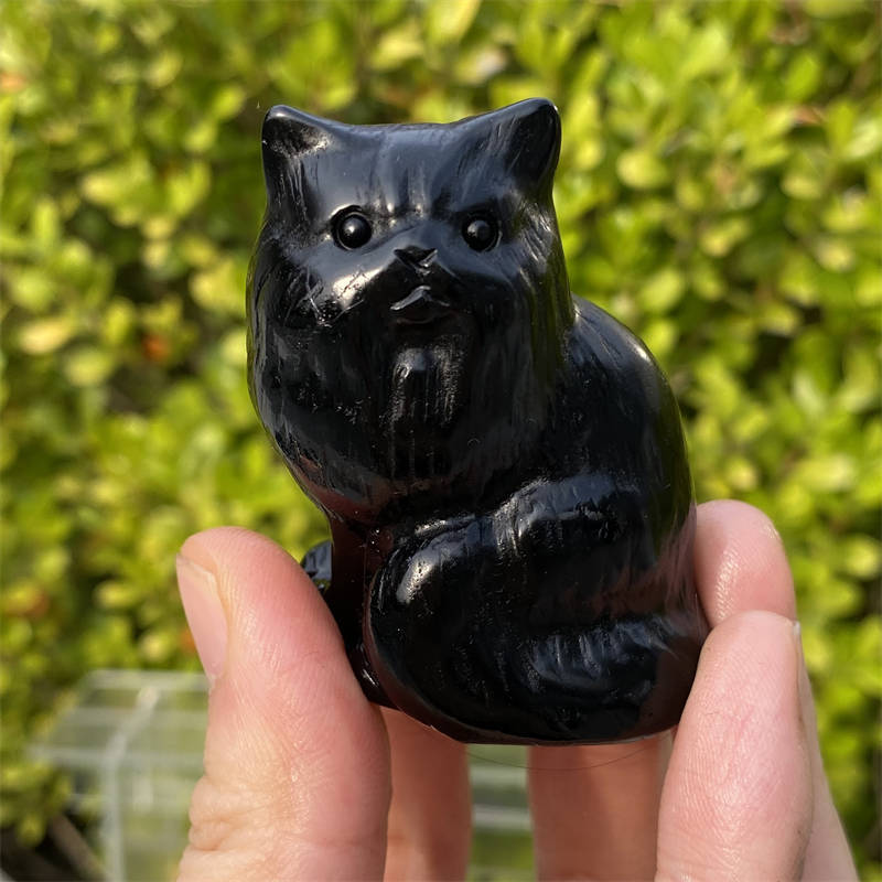 1pc Natural obsidian cat carved Quartz Crystal stone skull Reiki healing