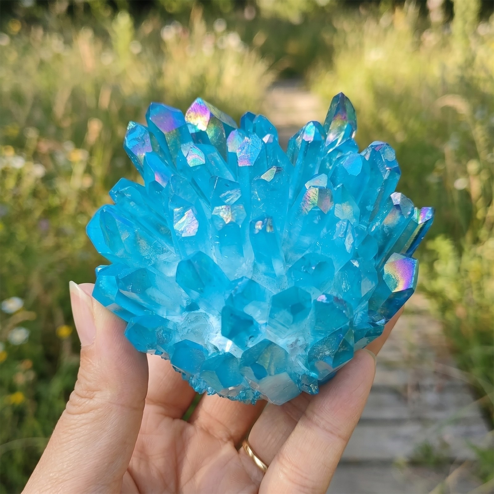 Natural Blue Angel Aura Quartz Crystal Cluster Titanium Healing Geode Specimen