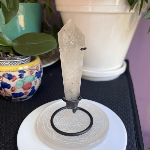 Black Rutilated Quartz Healing Wand with Display Stand | Modern Crystal Decor