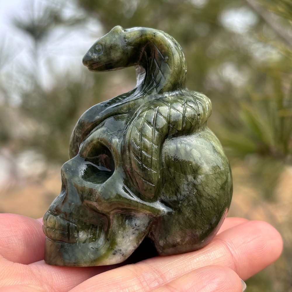 Natural Serpentine Quartz Snake Skull Carved Skull Crystal Healing Decor 1pc