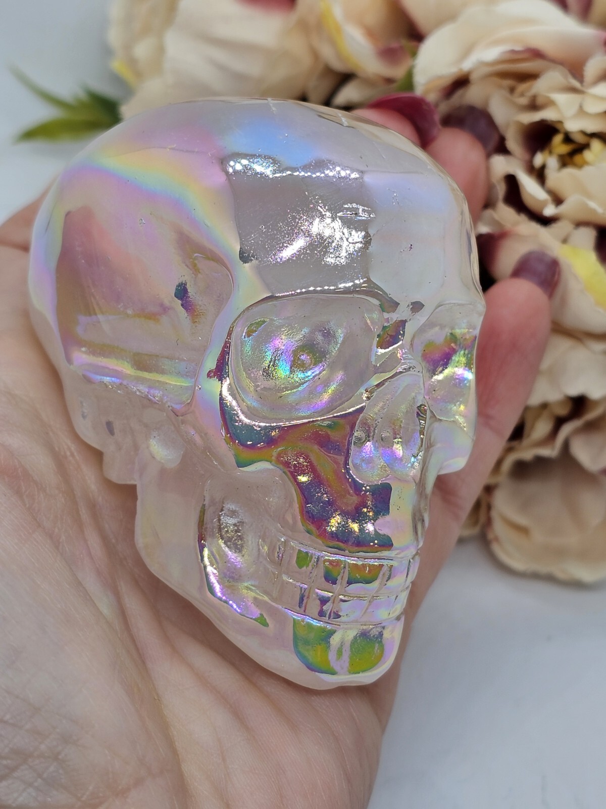 *SALE* Angel Aura Rose Quartz Rainbow crystal Skull 281g 5x7x4.8cm