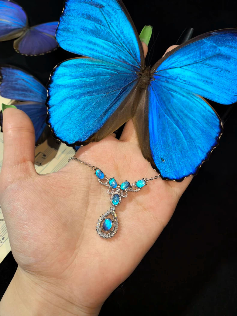 Elegant Blue Morpho Butterfly Wing Necklace, Silver Plated, Cubic Zirconia