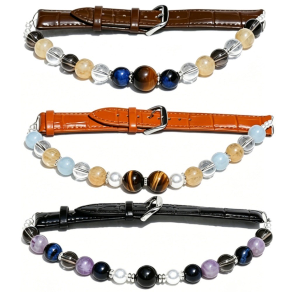 Natural Crystal Beaded PU Leather Cat Dog Collar Adjustable Pet Collar Healing