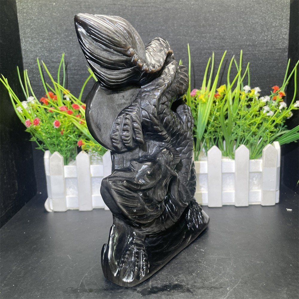 3LB 8″ Natural Silver Obsidian Dragon Carved Crystal Quartz Mineral Statue