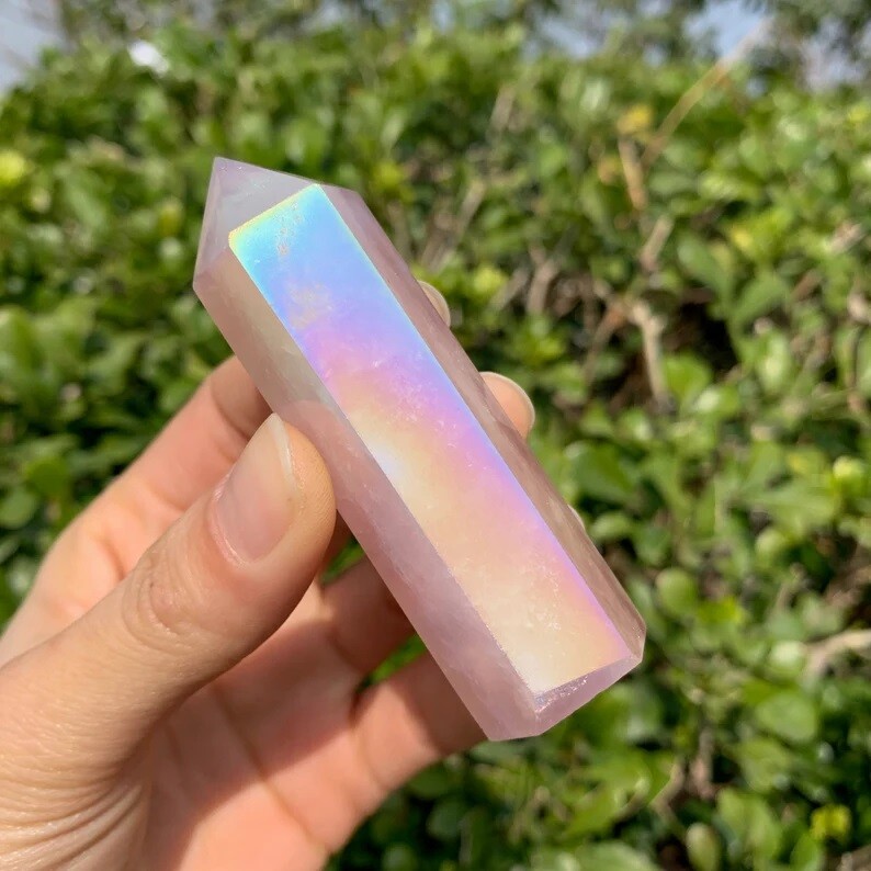 3 inch Angel Aura Rose Quartz Point Obelisk Rainbow Crystal Tower Decoration