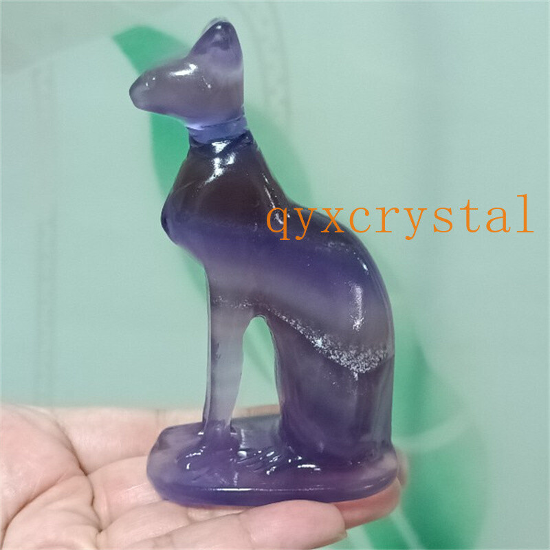 4″ Natural Rainbow Fluorite Egyptian cat skull Quartz Crystal Skull Reiki 1PC