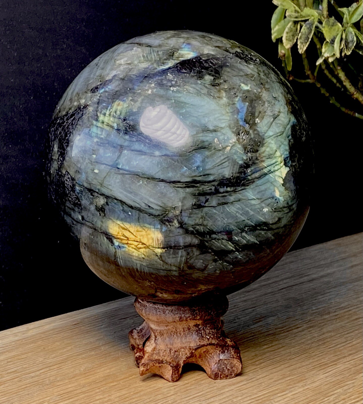 Rainbow Labradorite Ball Crystal Sphere Globe Large Flashy Gemstone & Wood Stand
