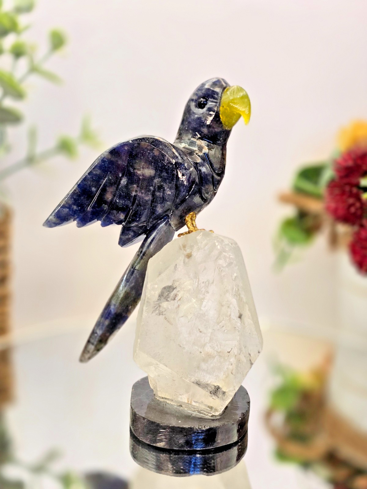 Hand Carved Dark Blue Macaw on Clear Crystal Base 4.25″ Natural Stone Bird