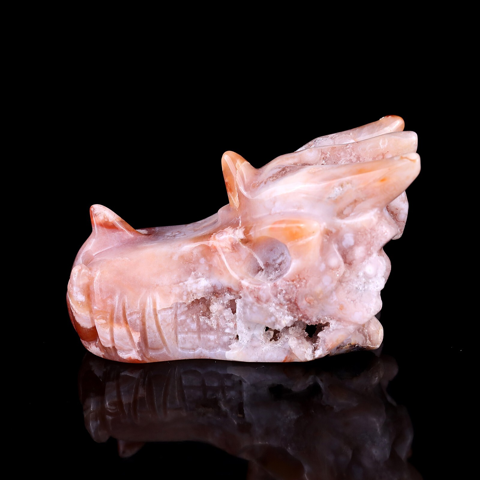 4.2″ Sakura Agate Carved Dragon Skull Sculpture Crystal Healing Carving Decor