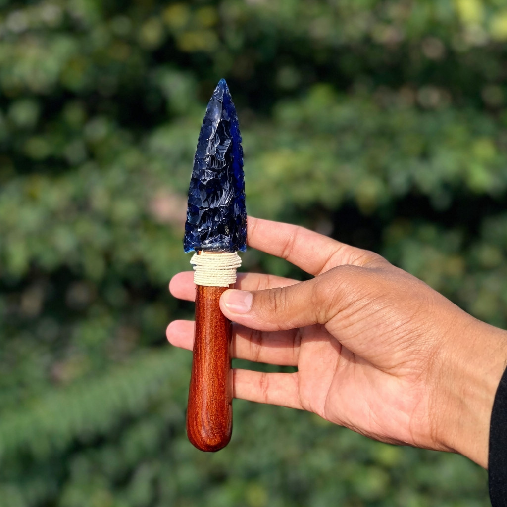 Blue Obsidian Glass Dagger with Wooden Handle 8 Inch Decorative