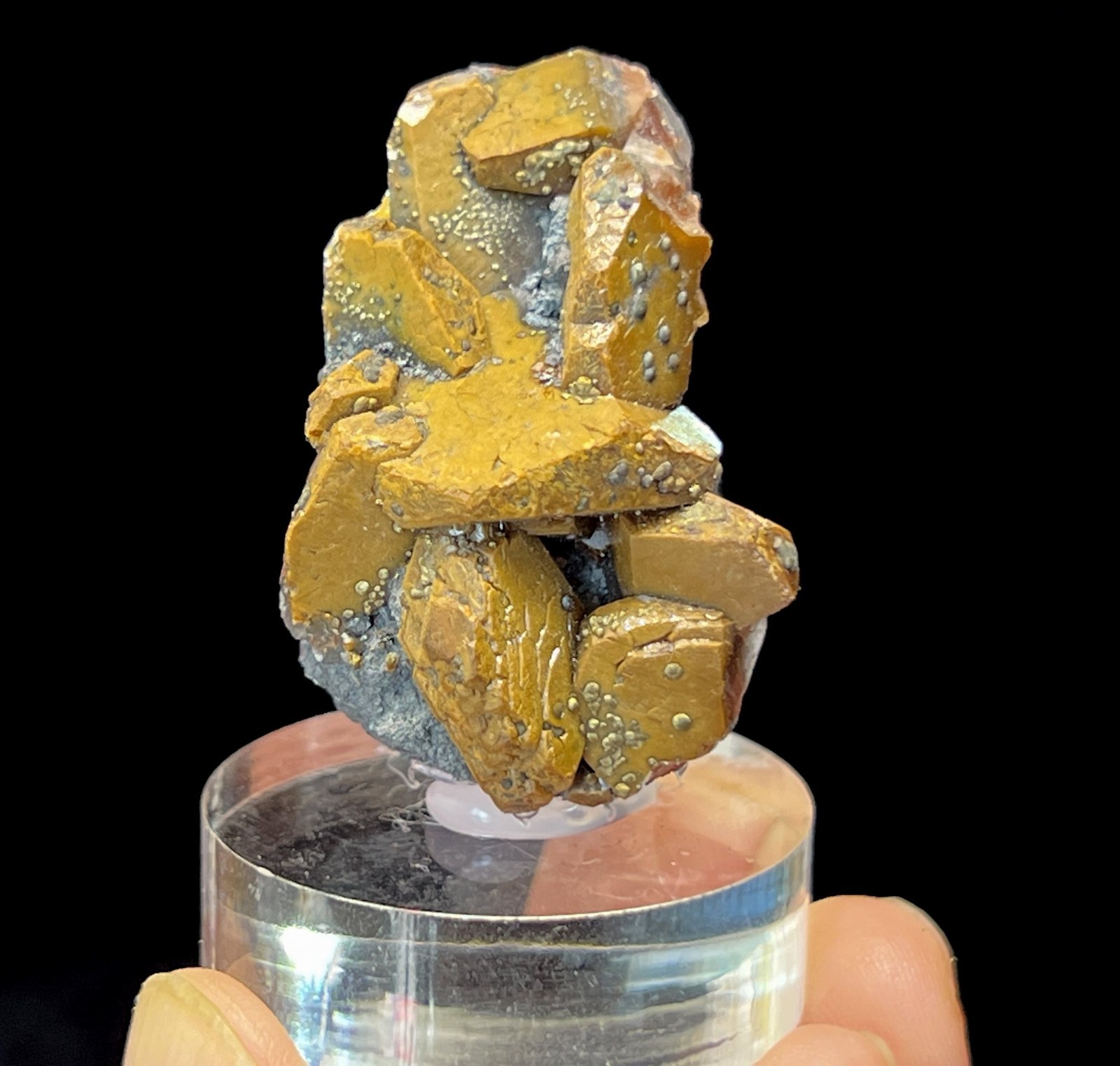 35mm Calcite & tiny Chalcopyrite with acrylic base, Natural Mineral Specimen
