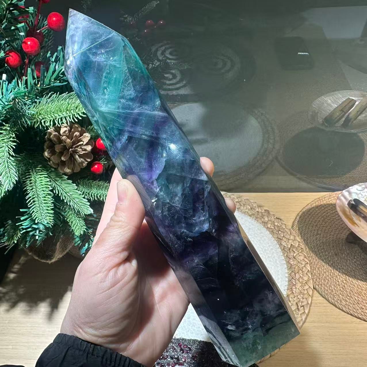 3.14LB 9″ Natural Rainbow Fluorite Tower Obelisk Crystal Healing Quartz Decor