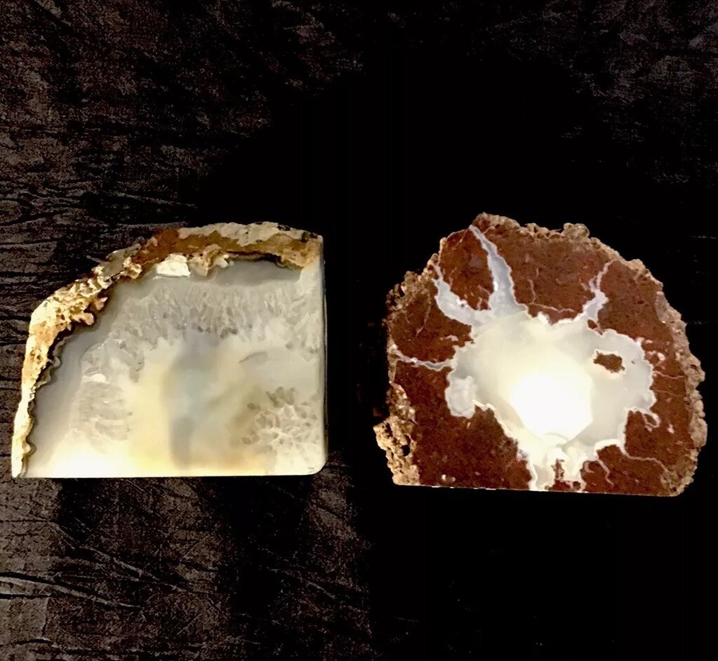 Geode Stones 4 3/4in ht 6in w Brown white, 4 1/4in ht 5in w Bluish/white.