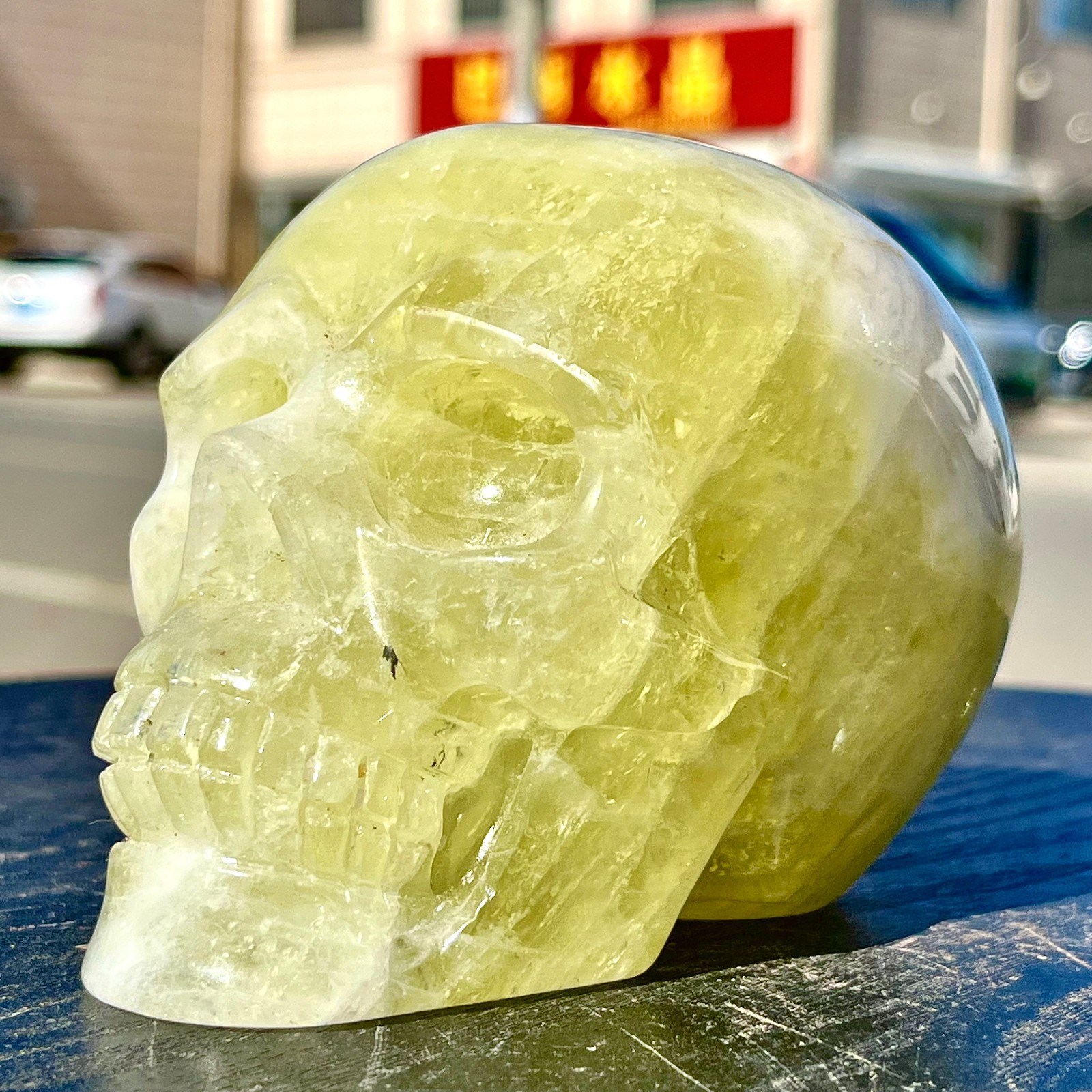 2.24LB Rare natural yellow crystal hand carved skull spiritual ornament
