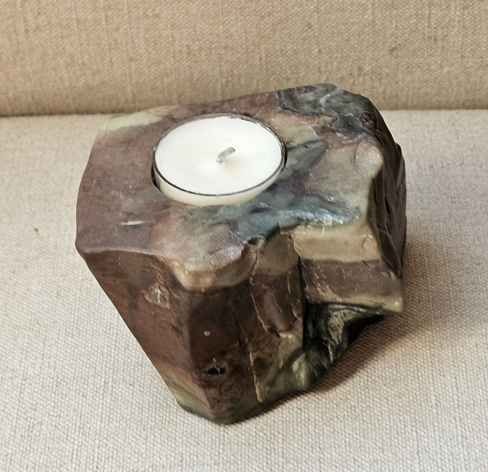 Natural Stone Tealight Candle Holder, Green, Brown