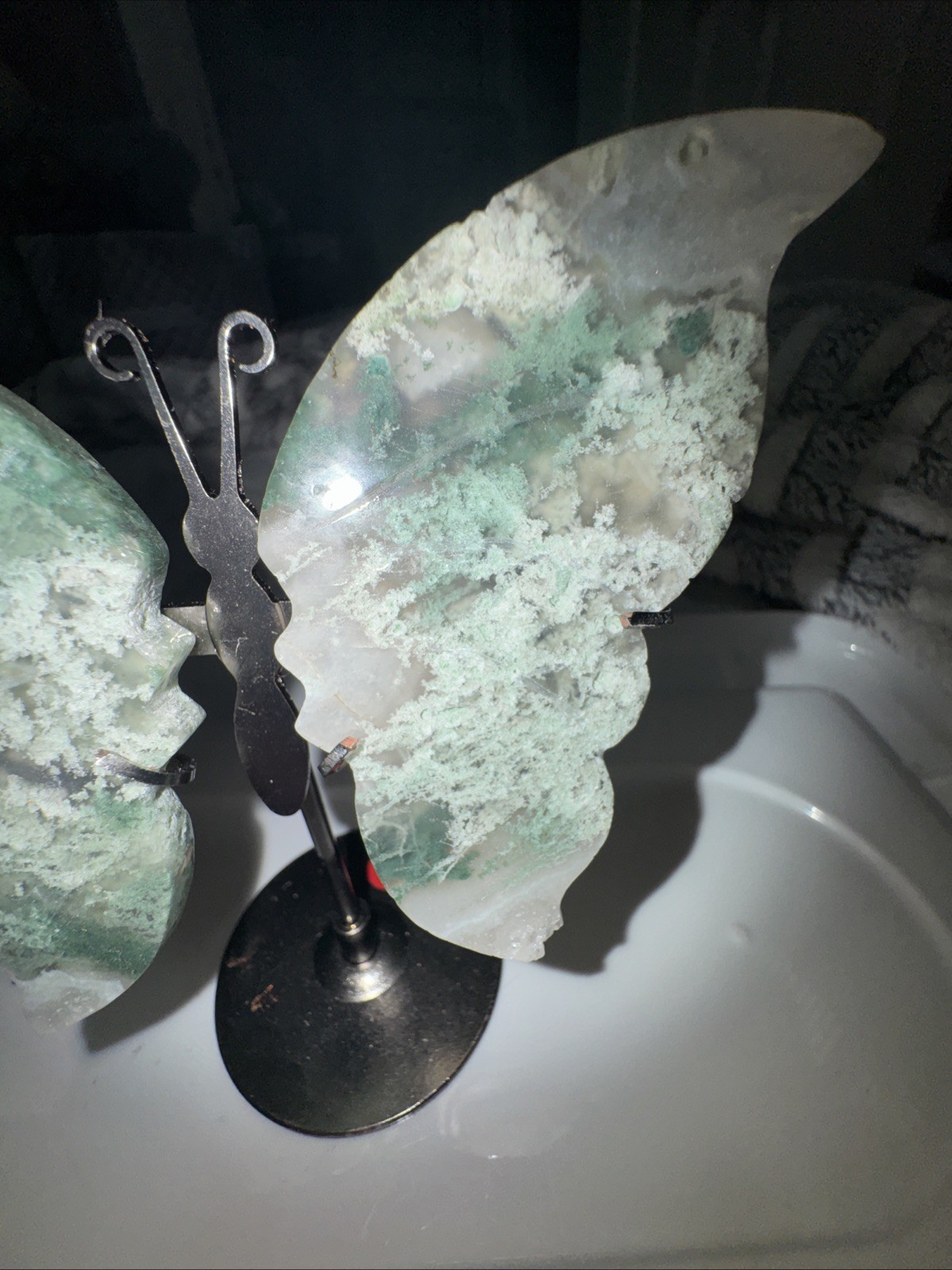 Moss Agate Butterfly Wings With Stand. 4.5 Inches In Width And 5 Inches Tall
