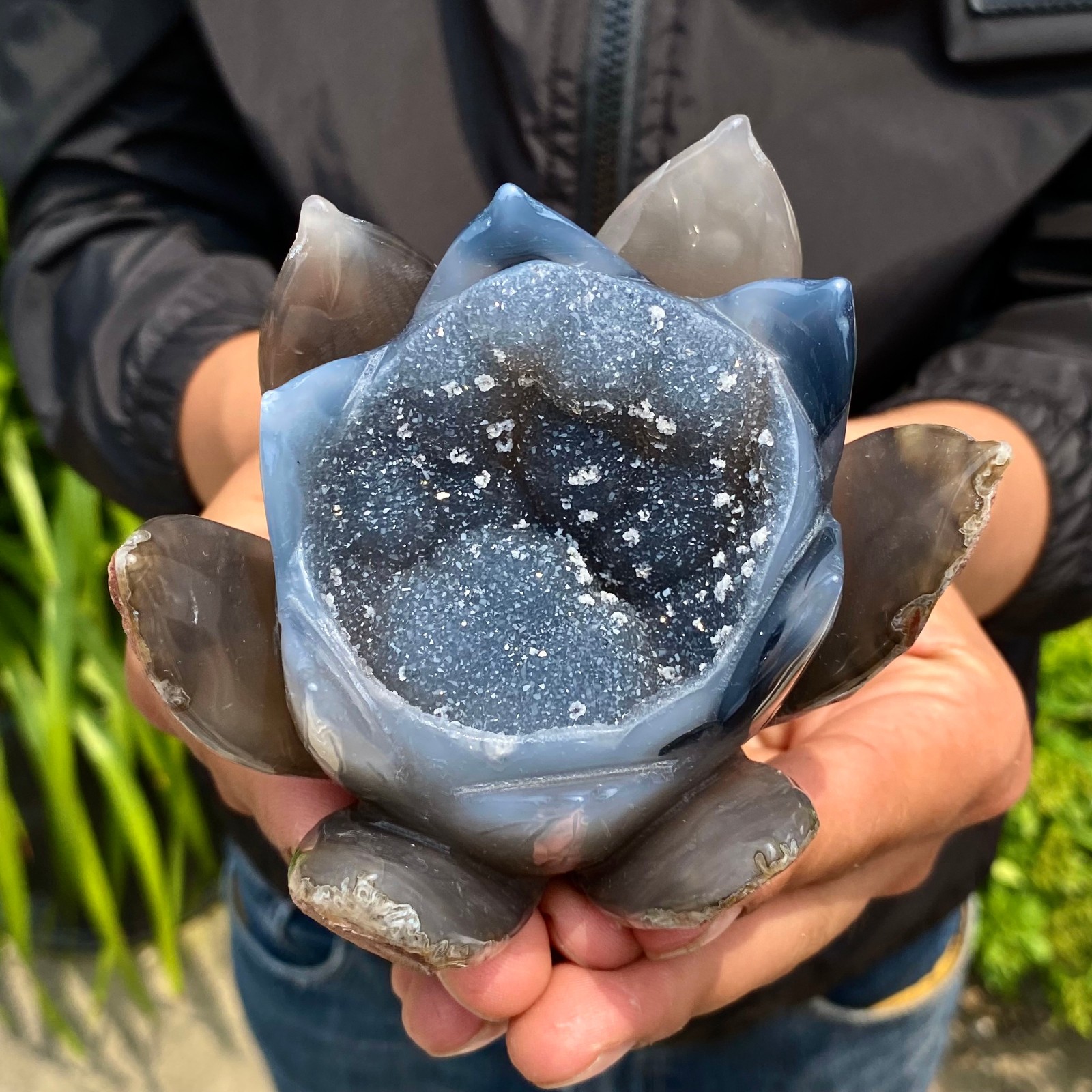 392G Natural Agate Geode Carved Lotus Flower, Hand Carved Healing Crystal Hom