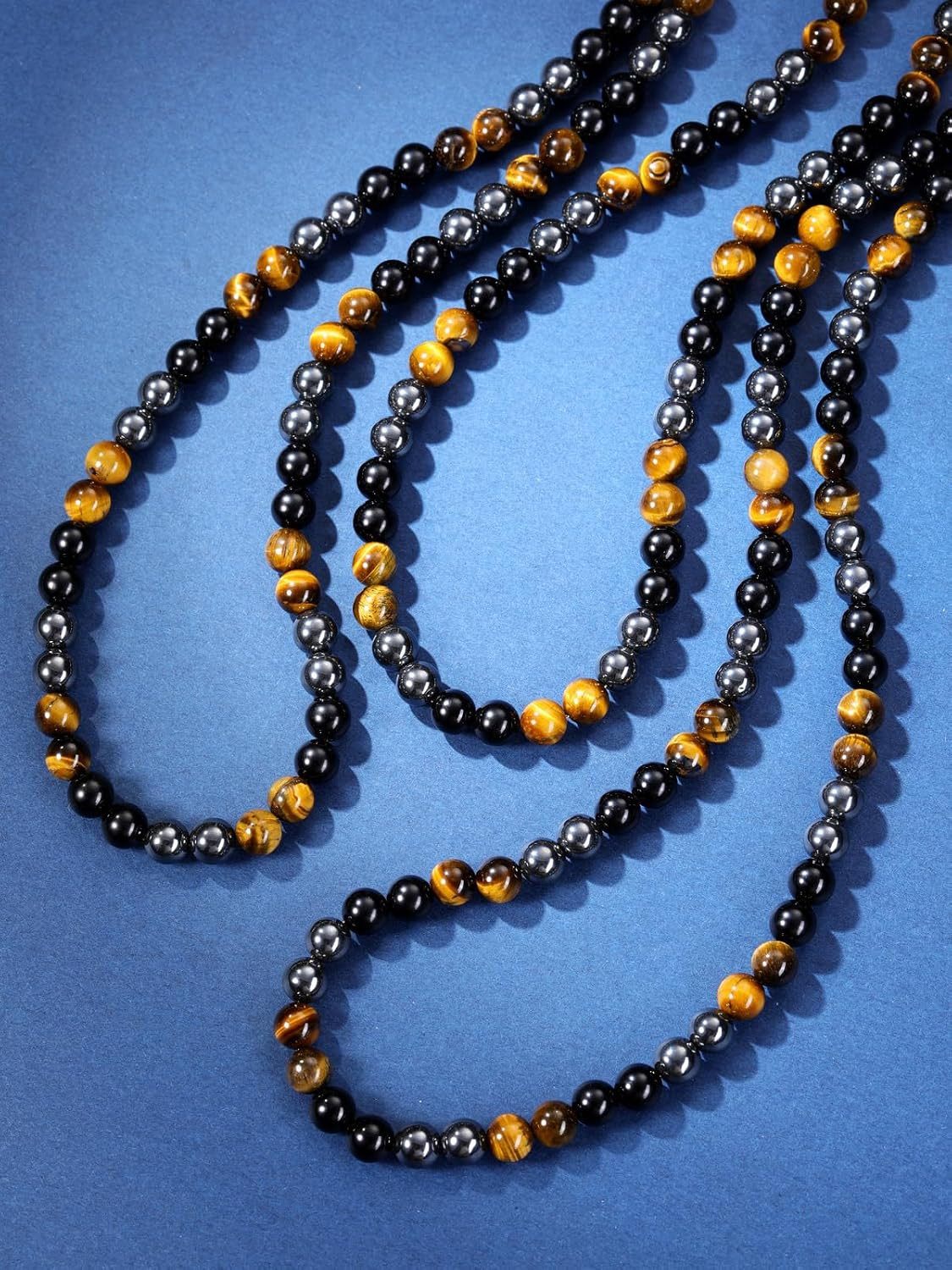 Mens Healing Crystal Black Obsidian Tigers Eye Hematite Beaded Necklace Natural