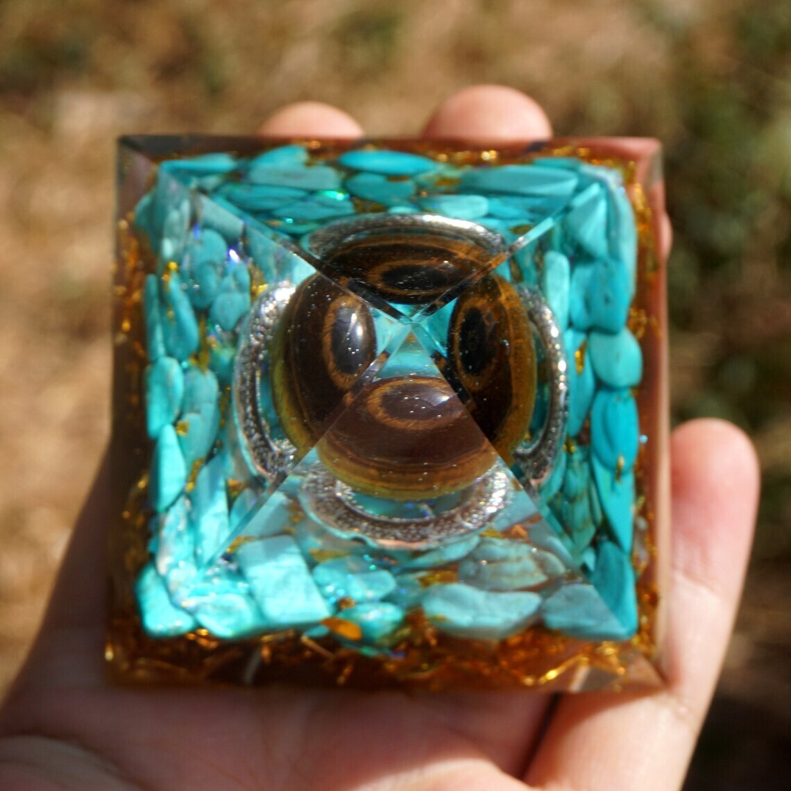 Fantasy magic Tiger’s Eye Sphere Turquoise Orgone Crystal Pyramid Orgonite