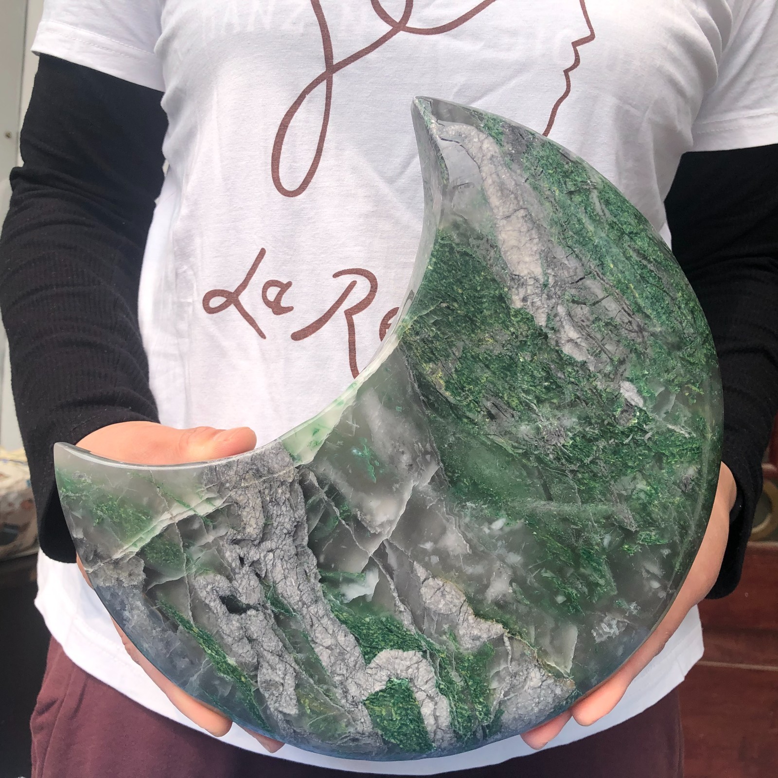 5.6LB Natural African Emerald Quartz crystal hand Carved moon Reiki healing