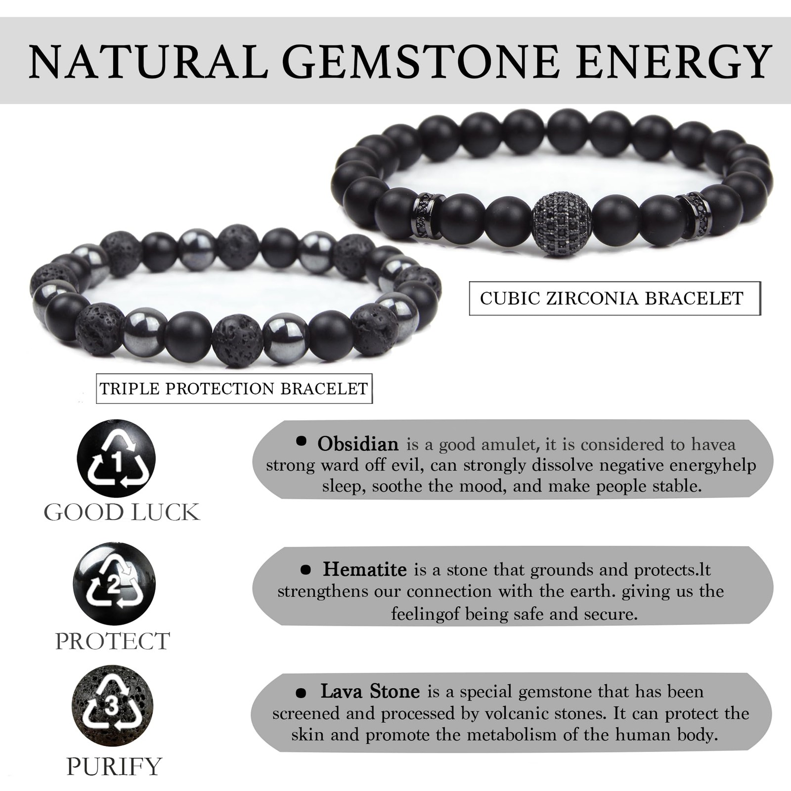 Black Obsidian Bracelets for Men- Cubic Zirconia Bracelet – Tourmaline Bead, 8MM
