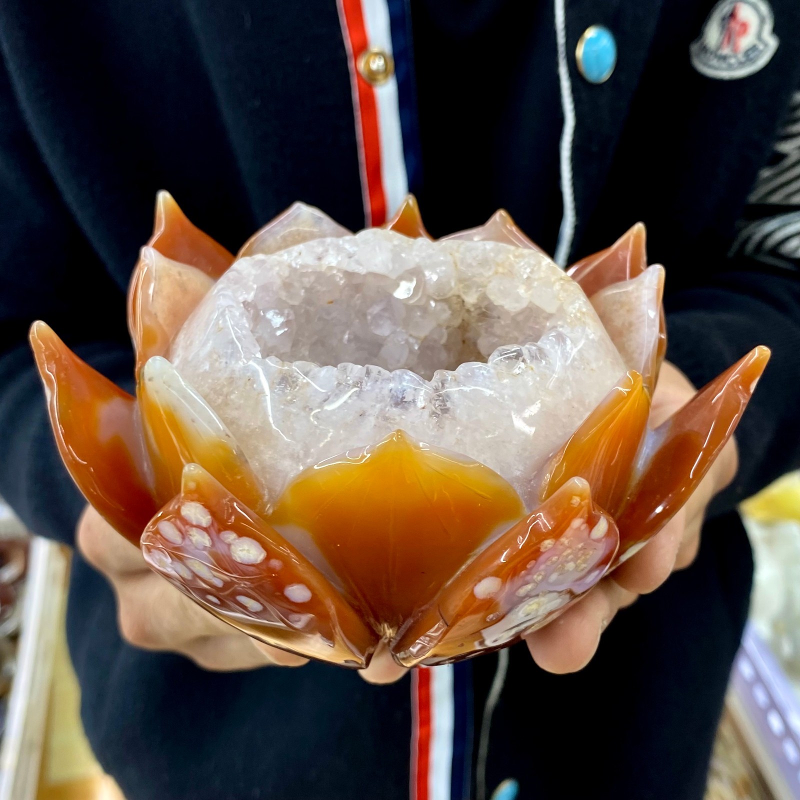 1.96LB Natural Agate Geode Carved Lotus Flower, Hand Carved Healing Crystal Home