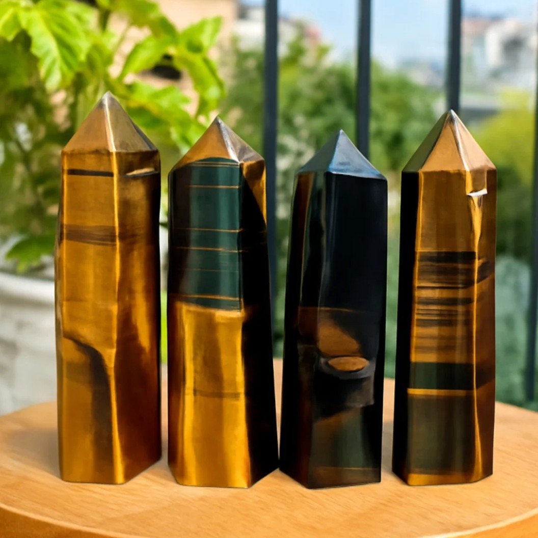 Natural Tiger’s Eye Healing Crystal Wand – Obelisk Reiki Tower Point Home Decor