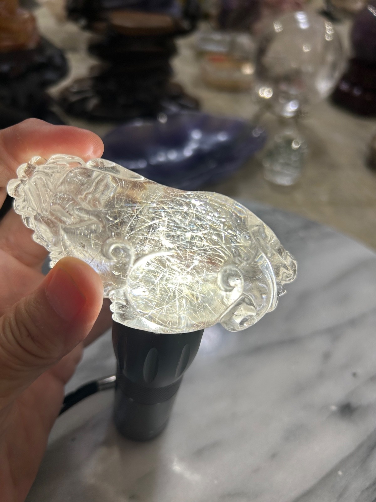 Natural silver thread Rutilated quartz Crystal pixiu Dragon