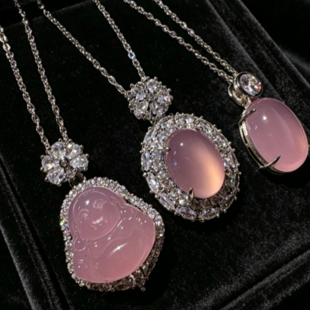 Pink Chalcedony Necklace Cubic Zirconia Pendant Necklace Gemstone Jewelry Gift